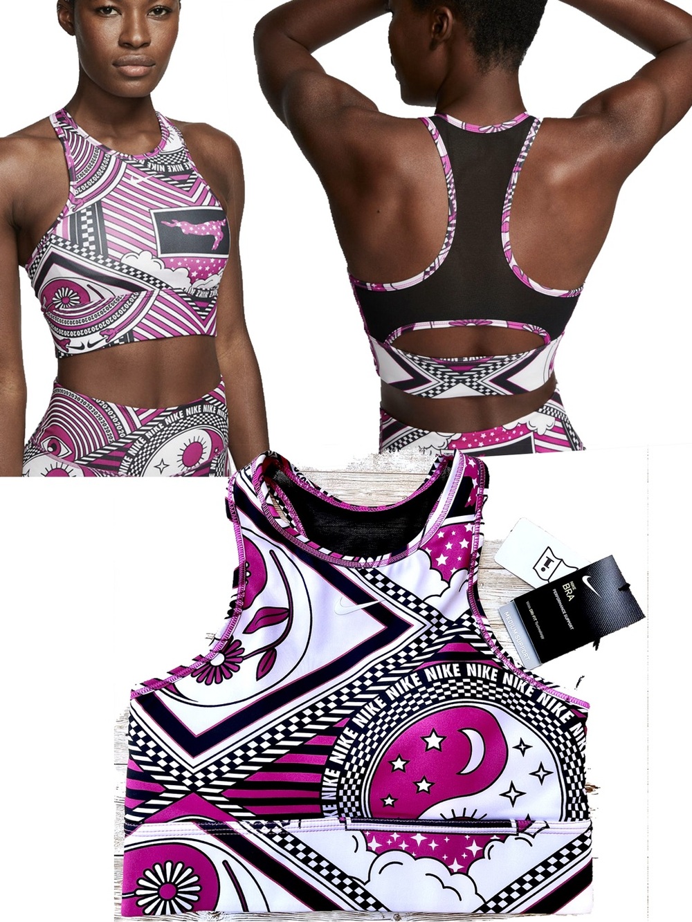 NEW Nike Swoosh High-Neck Barbiecore Pink Graphic Longline Sports Bra Crop Small